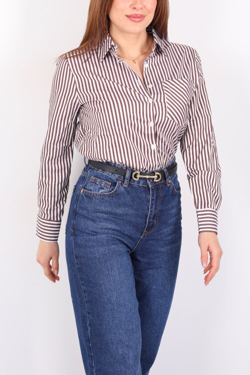 Tek Cepli Çizgili Kadın Kahverengi Poplin Gömlek - Berox (1)