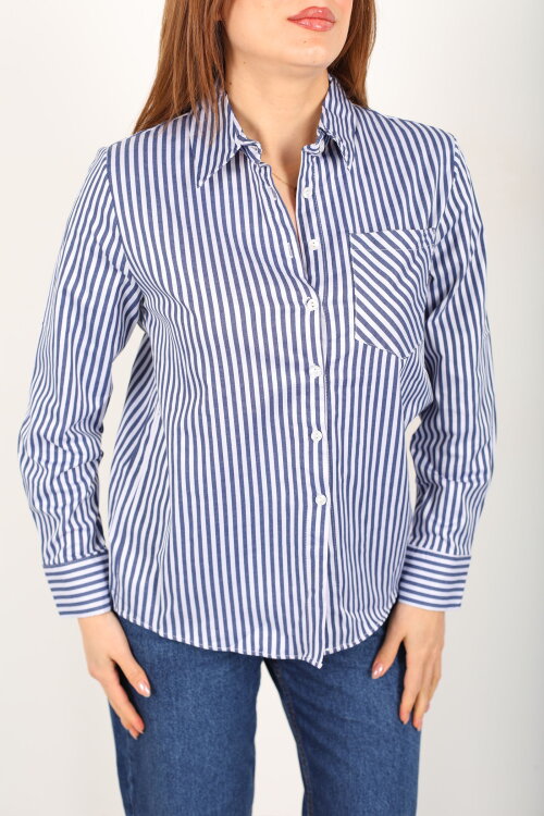 Tek Cepli Çizgili Kadın Lacivert Poplin Gömlek - Berox (1)