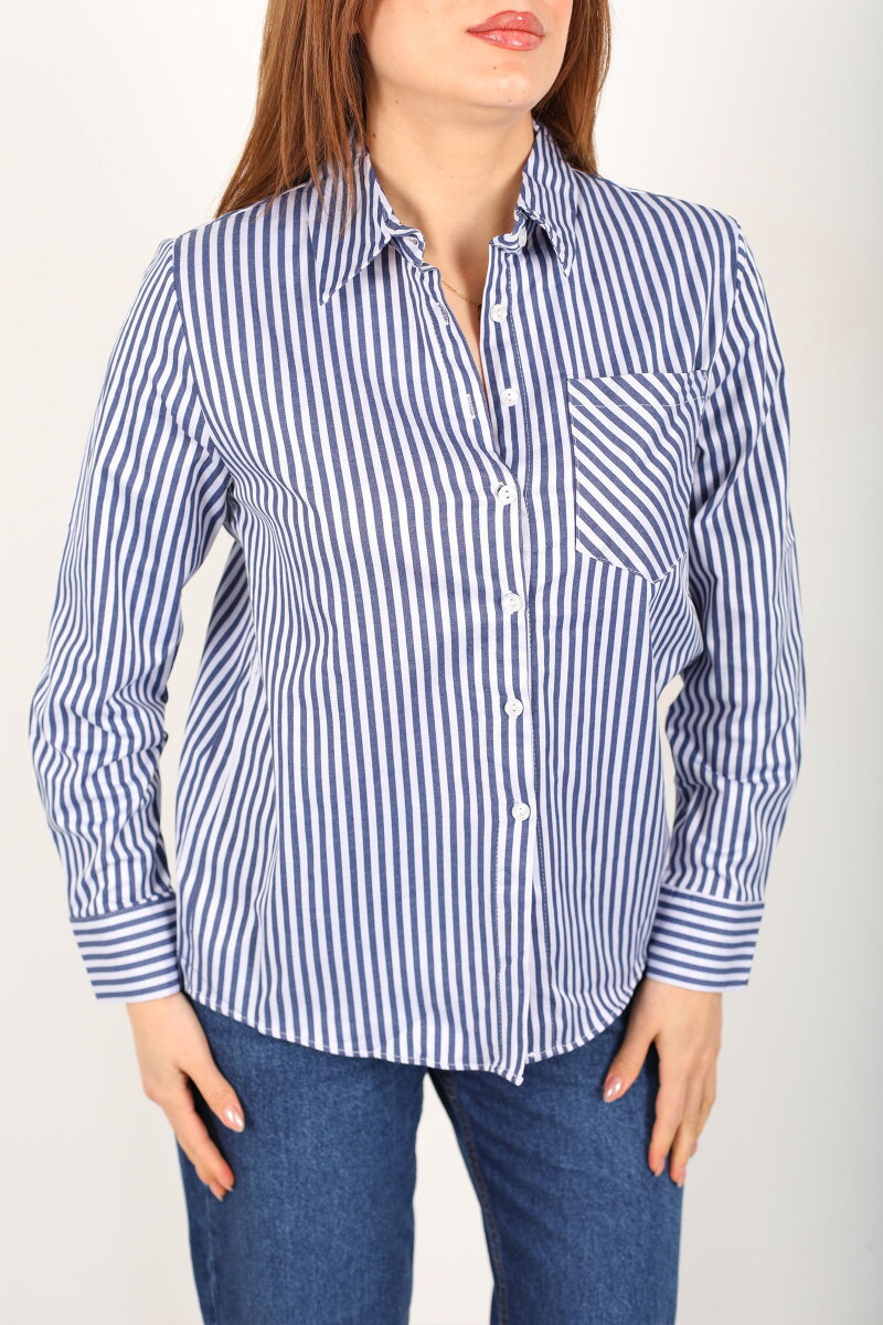 Tek Cepli Çizgili Kadın Lacivert Poplin Gömlek - 2