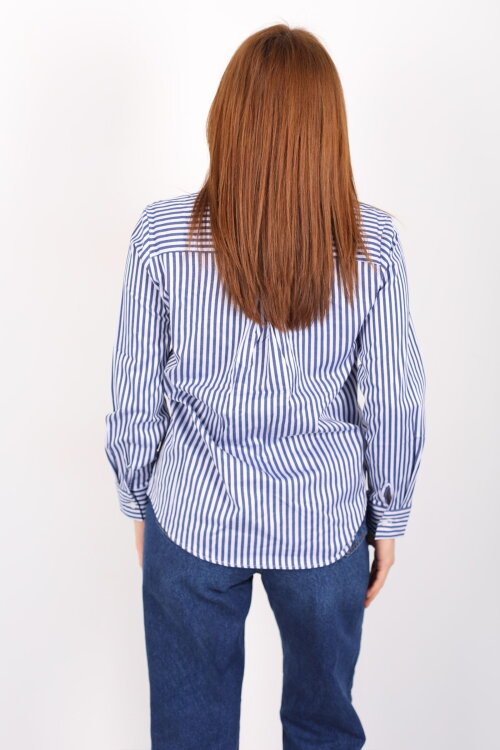 Tek Cepli Çizgili Kadın Lacivert Poplin Gömlek - 5