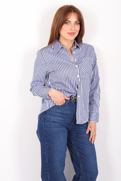 Tek Cepli Çizgili Kadın Lacivert Poplin Gömlek - 6