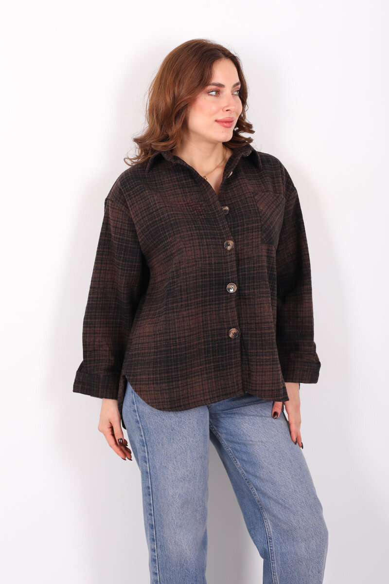 Tek Cepli Ekose Acı Kahve Kadın Oduncu Gömlek - 6