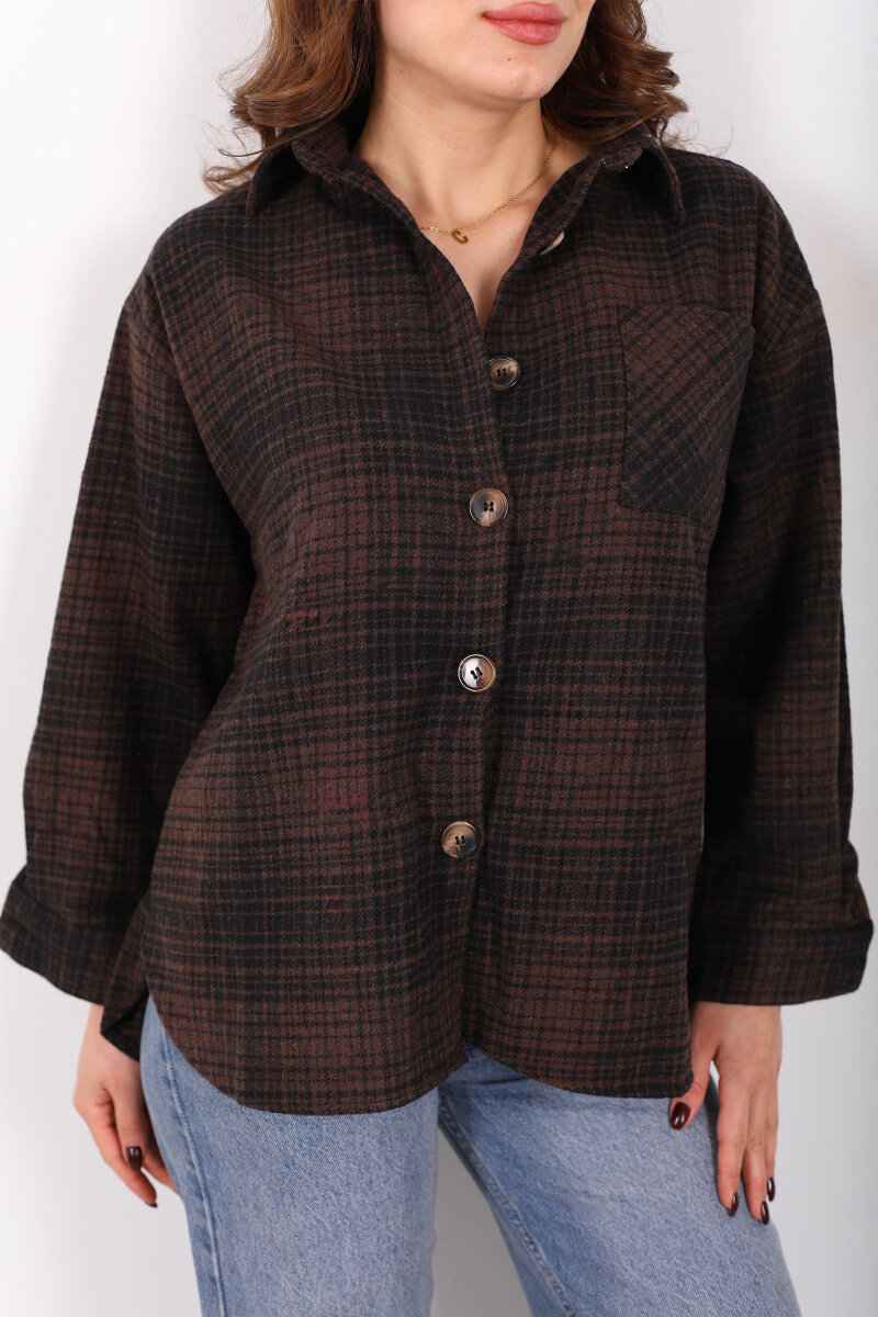 Tek Cepli Ekose Acı Kahve Kadın Oduncu Gömlek - 2