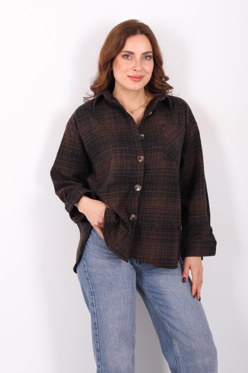 Tek Cepli Ekose Acı Kahve Kadın Oduncu Gömlek - Berox