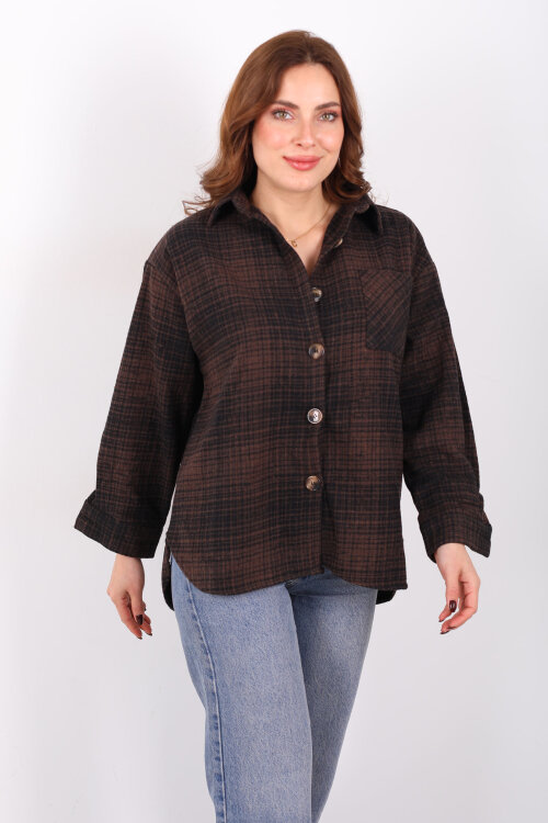 Tek Cepli Ekose Acı Kahve Kadın Oduncu Gömlek - 4