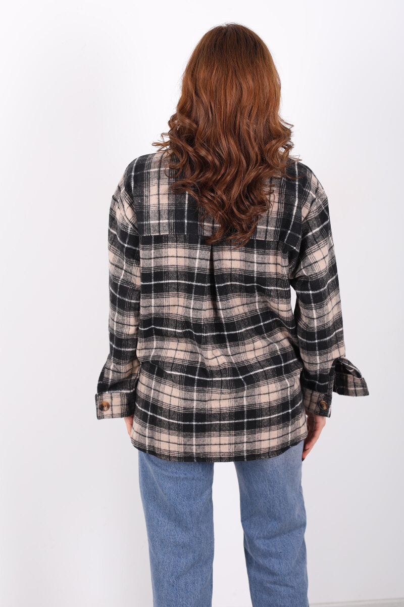 Tek Cepli Ekose Bej Kadın Oduncu Gömlek - 5