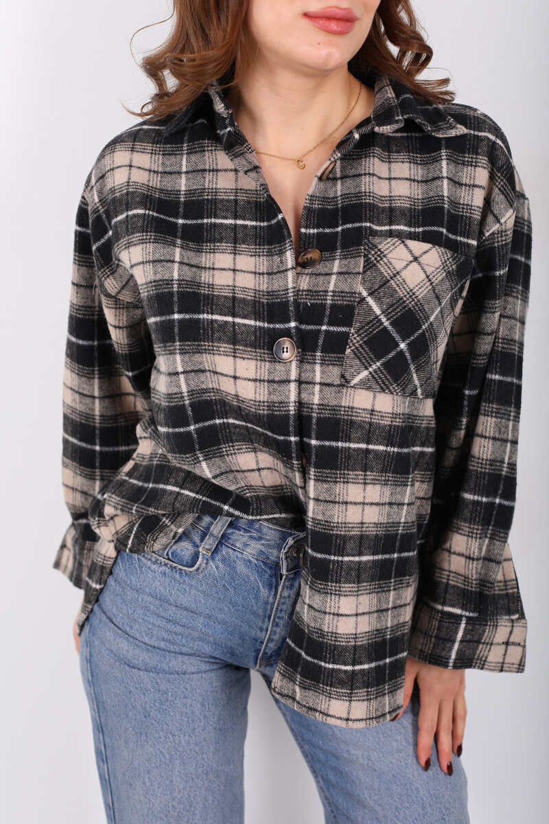 Tek Cepli Ekose Bej Kadın Oduncu Gömlek - 2