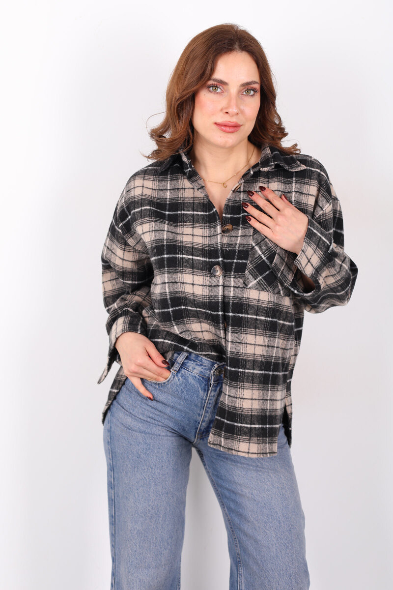 Tek Cepli Ekose Bej Kadın Oduncu Gömlek - 4