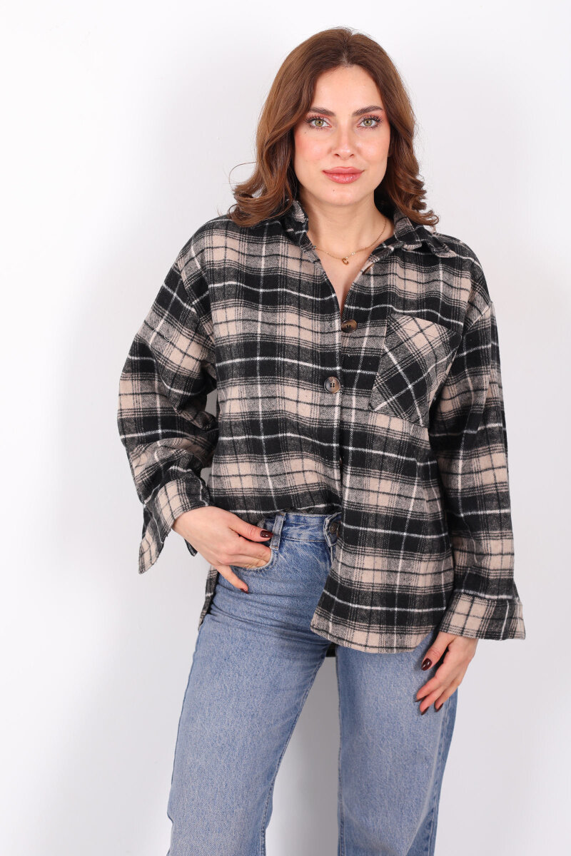 Tek Cepli Ekose Bej Kadın Oduncu Gömlek - 3