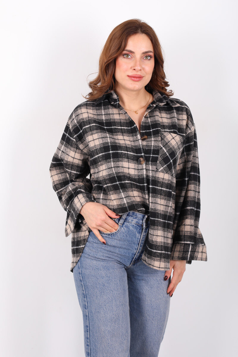 Tek Cepli Ekose Bej Kadın Oduncu Gömlek - 6