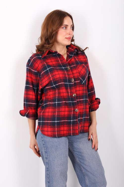 Tek Cepli Ekose Bordo Kadın Oduncu Gömlek - 4