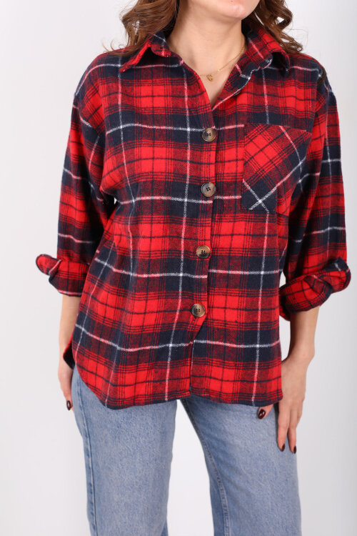 Tek Cepli Ekose Bordo Kadın Oduncu Gömlek - Berox (1)