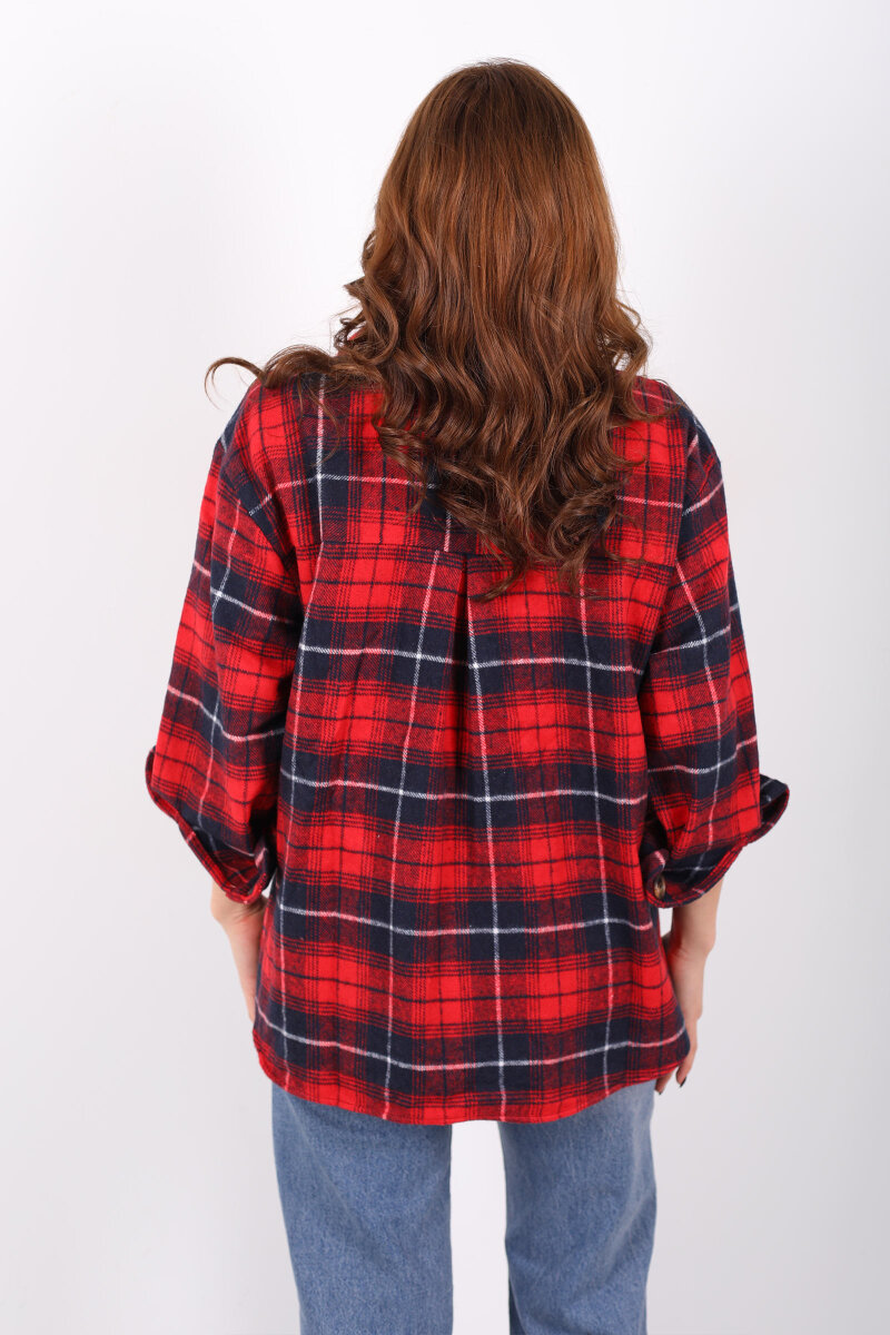 Tek Cepli Ekose Bordo Kadın Oduncu Gömlek - 5