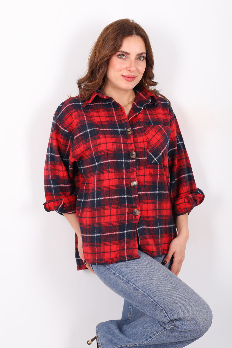 Tek Cepli Ekose Bordo Kadın Oduncu Gömlek - 1