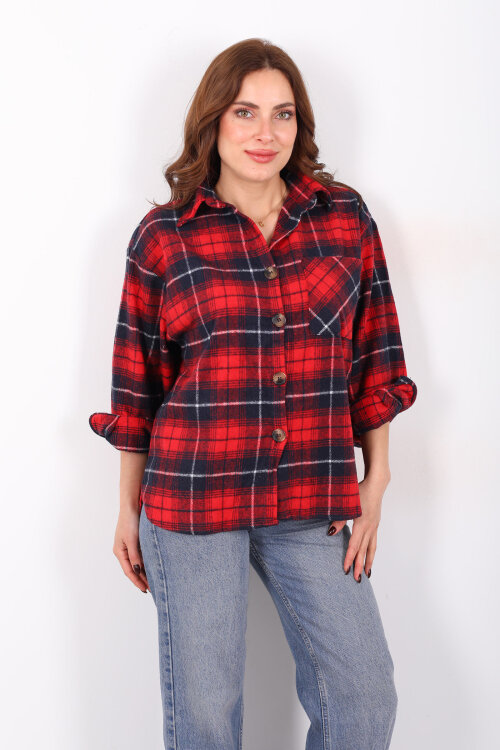 Tek Cepli Ekose Bordo Kadın Oduncu Gömlek - 6