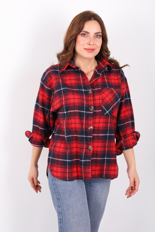 Tek Cepli Ekose Bordo Kadın Oduncu Gömlek - 3