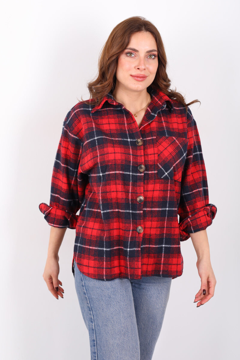 Tek Cepli Ekose Bordo Kadın Oduncu Gömlek - 3