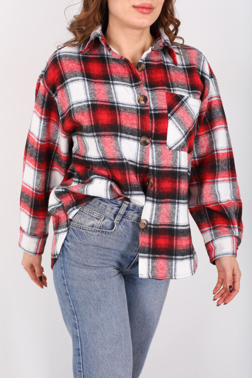 Tek Cepli Ekose Kırmızı Kadın Oduncu Gömlek - Berox (1)