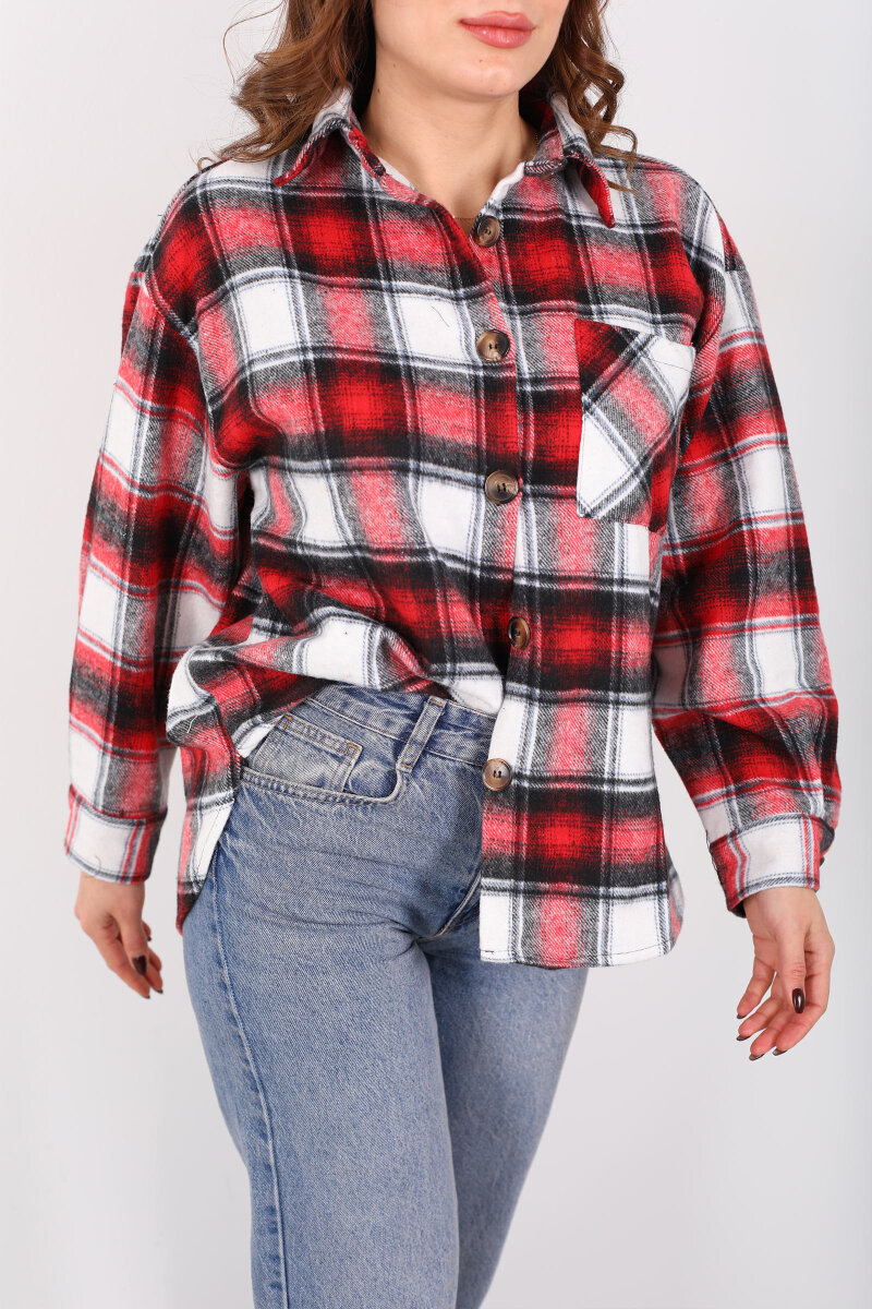 Tek Cepli Ekose Kırmızı Kadın Oduncu Gömlek - 2