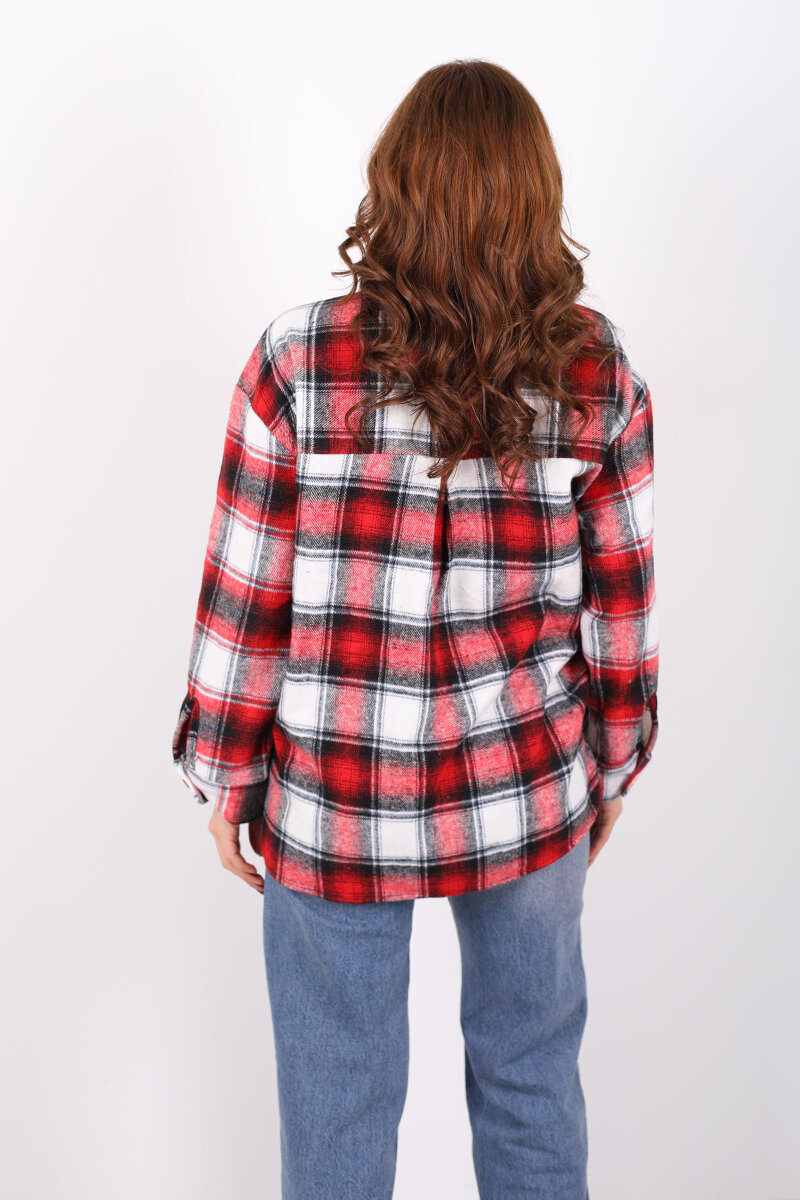 Tek Cepli Ekose Kırmızı Kadın Oduncu Gömlek - 5