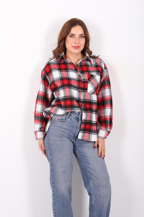 Tek Cepli Ekose Kırmızı Kadın Oduncu Gömlek - 6