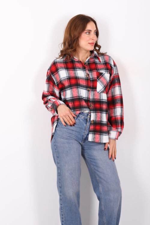 Tek Cepli Ekose Kırmızı Kadın Oduncu Gömlek - 3