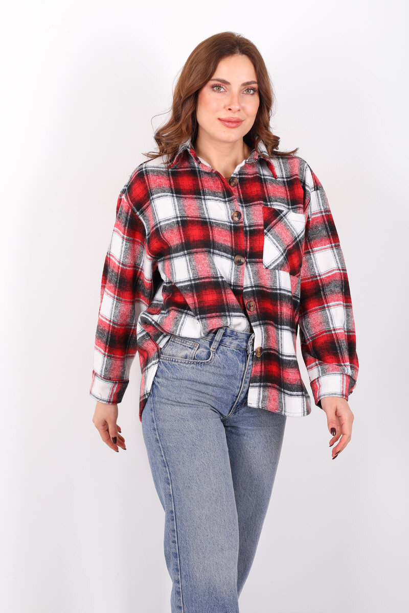 Tek Cepli Ekose Kırmızı Kadın Oduncu Gömlek - 4