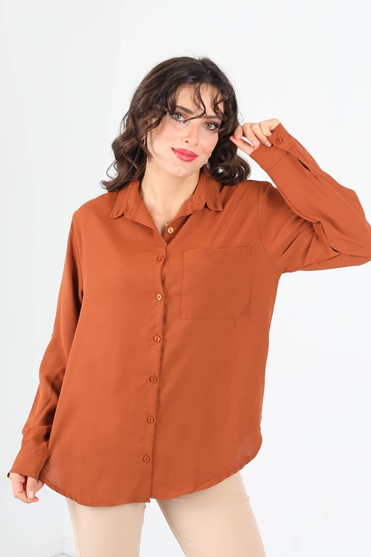 Tek Cepli Eteği Oval Kiremit Kadın Saten Gömlek - 1