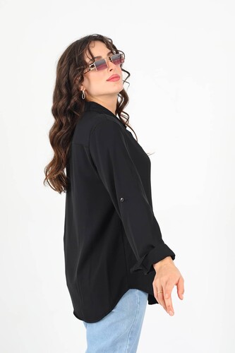 Tek Cepli Eteği Oval Siyah Kadın Saten Gömlek - 4