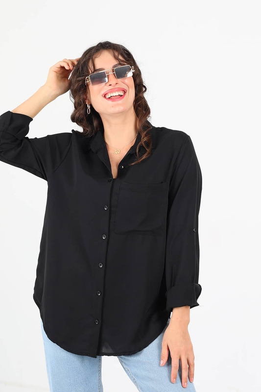 Tek Cepli Eteği Oval Siyah Kadın Saten Gömlek - 3