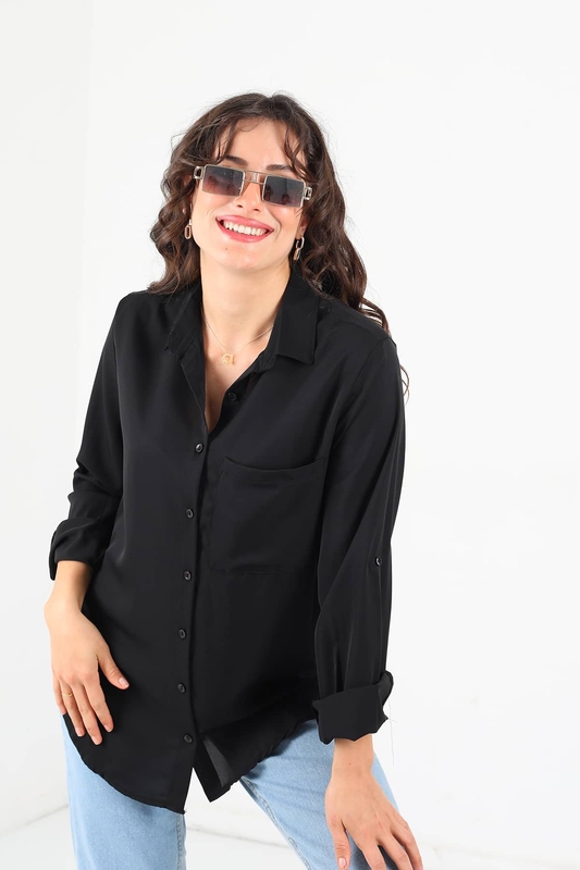Tek Cepli Eteği Oval Siyah Kadın Saten Gömlek - 1