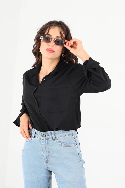Tek Cepli Eteği Oval Siyah Kadın Saten Gömlek - 2