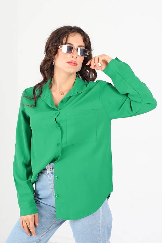 Tek Cepli Eteği Oval Zümrüt Yeşili Kadın Saten Gömlek - 1