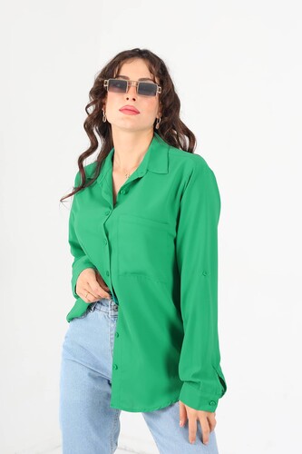 Tek Cepli Eteği Oval Zümrüt Yeşili Kadın Saten Gömlek - Berox (1)