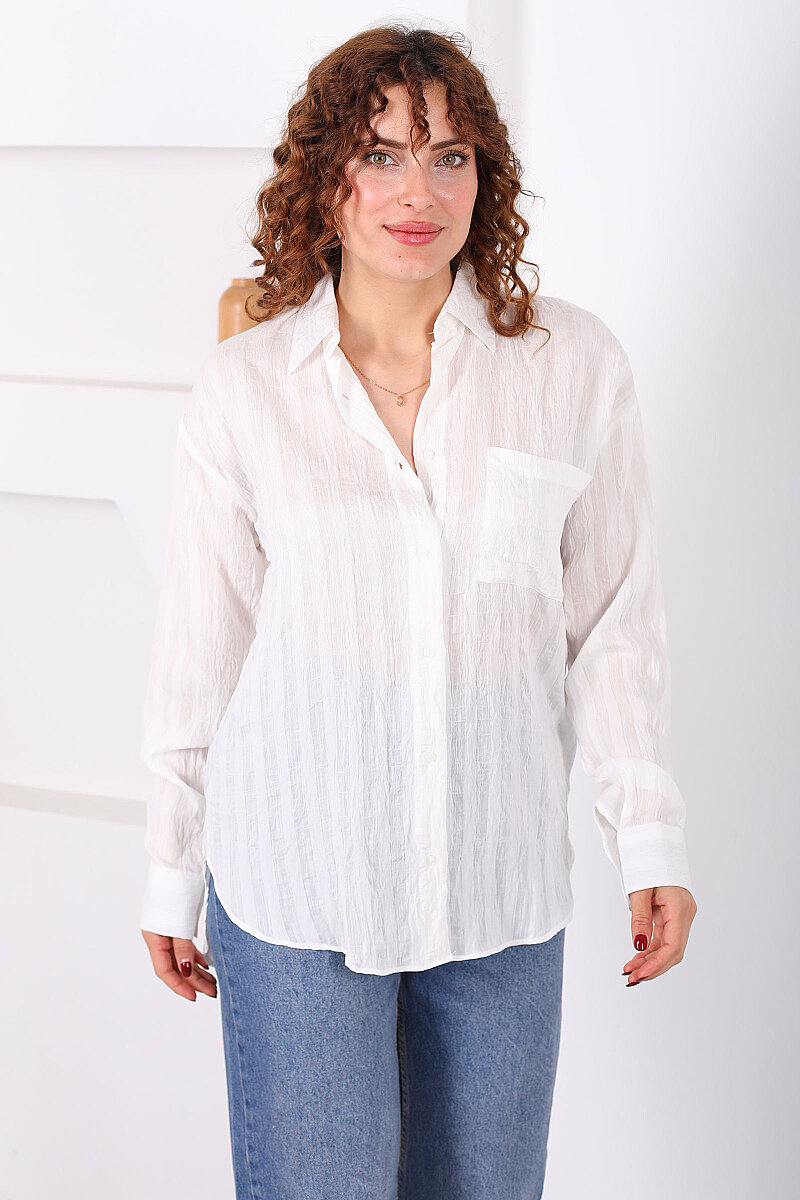 Tek Cepli Kalın Çizgili Kadın Beyaz Oversize Gömlek - 5