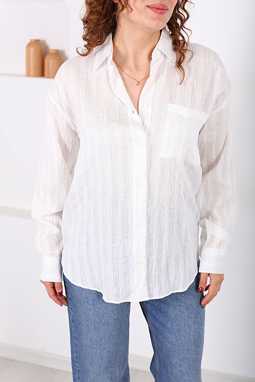 Tek Cepli Kalın Çizgili Kadın Beyaz Oversize Gömlek - Berox (1)