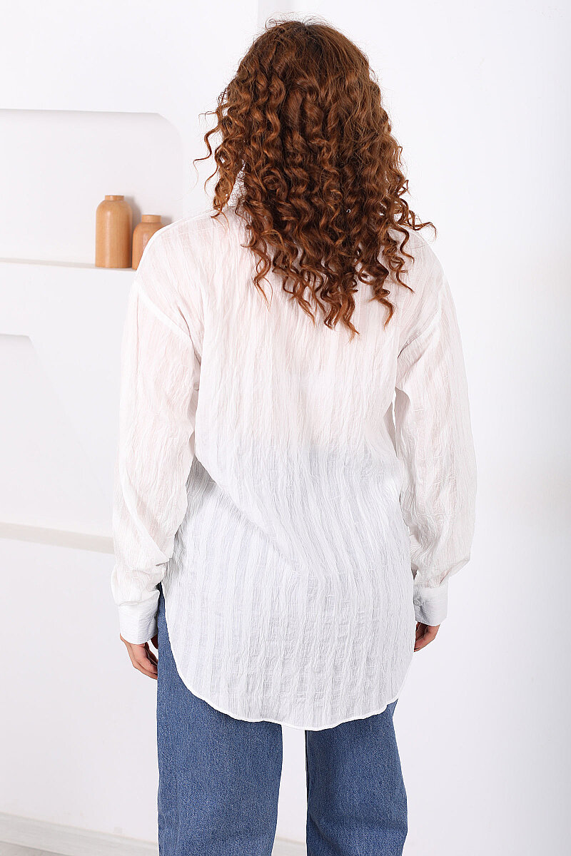 Tek Cepli Kalın Çizgili Kadın Beyaz Oversize Gömlek - 4