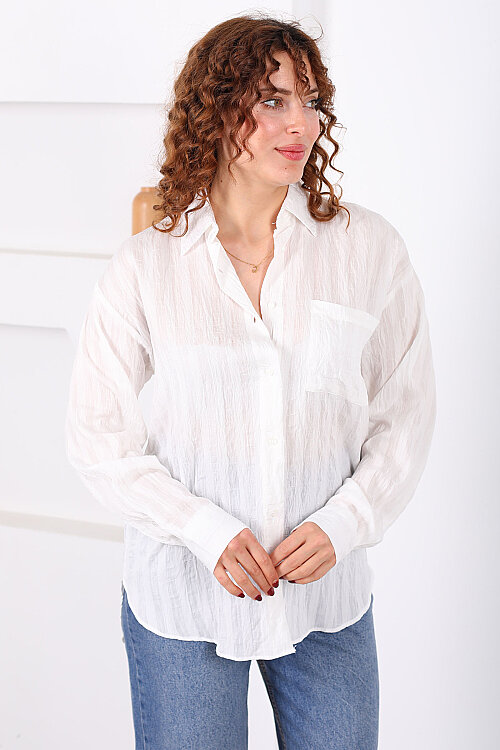 Tek Cepli Kalın Çizgili Kadın Beyaz Oversize Gömlek - Berox