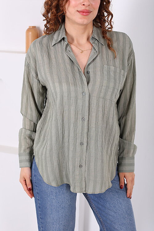 Tek Cepli Kalın Çizgili Kadın Mint Yeşili Oversize Gömlek - Berox (1)