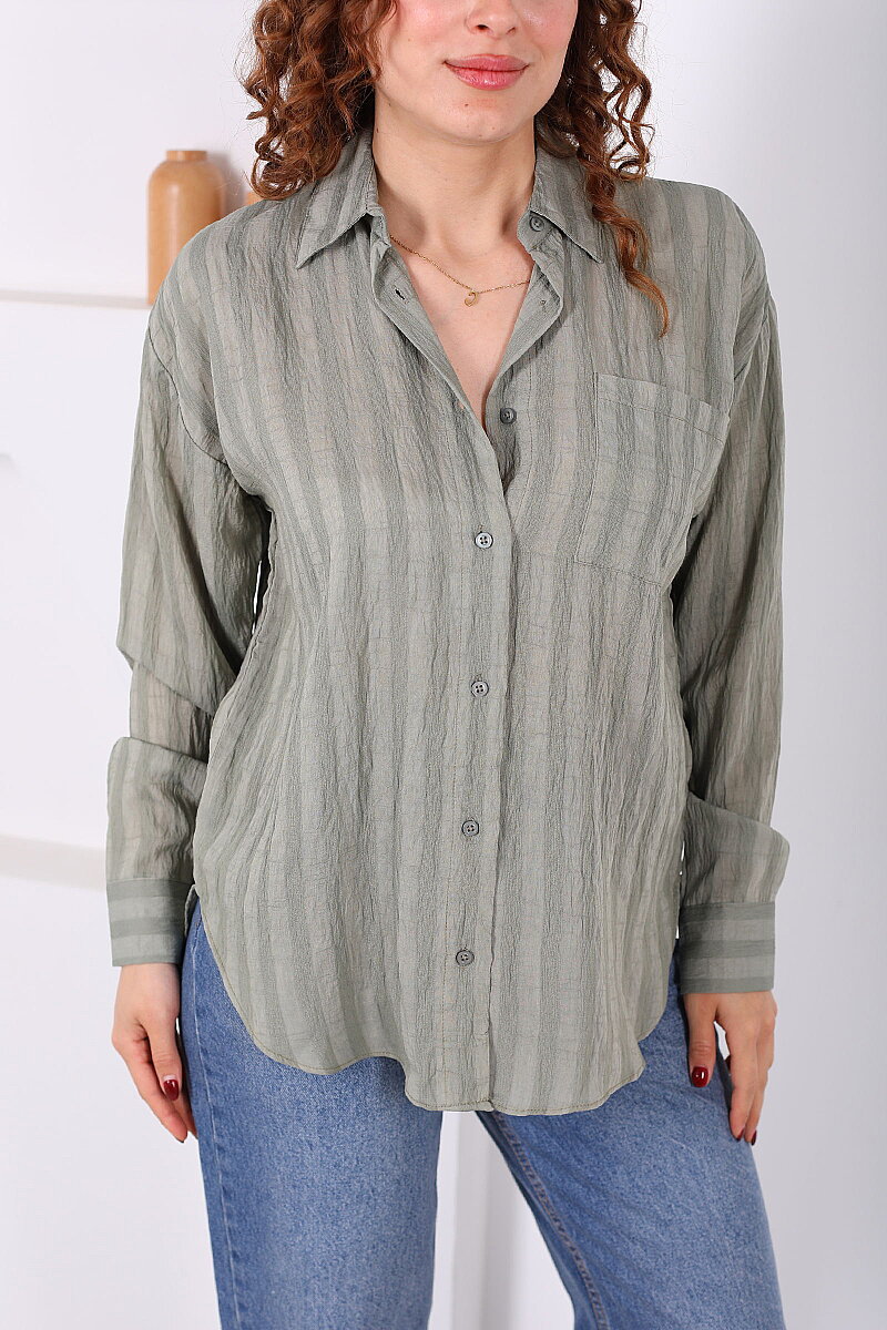 Tek Cepli Kalın Çizgili Kadın Mint Yeşili Oversize Gömlek - 2