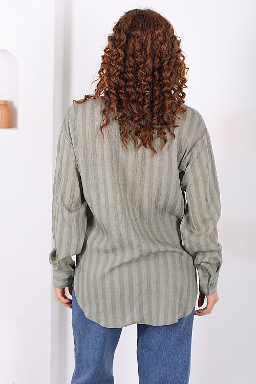 Tek Cepli Kalın Çizgili Kadın Mint Yeşili Oversize Gömlek - 5