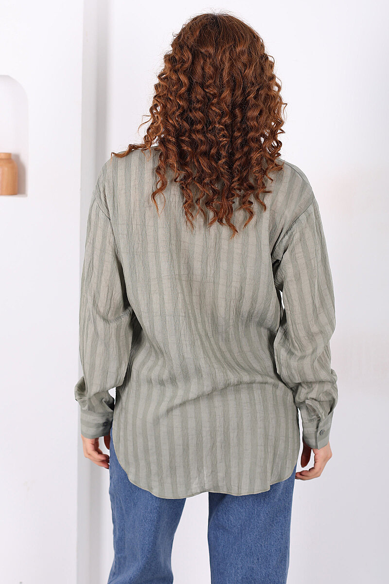 Tek Cepli Kalın Çizgili Kadın Mint Yeşili Oversize Gömlek - 5