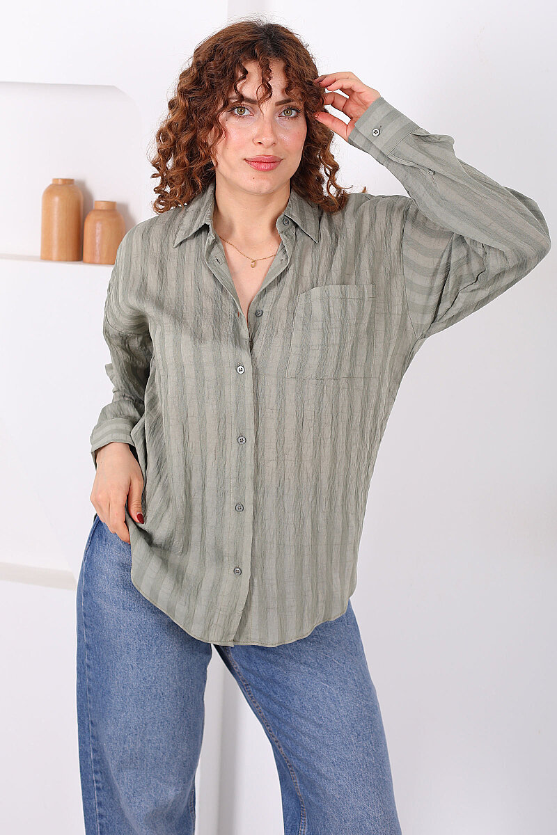 Tek Cepli Kalın Çizgili Kadın Mint Yeşili Oversize Gömlek - 1