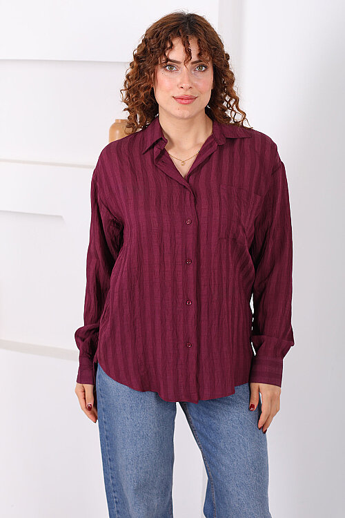 Tek Cepli Kalın Çizgili Kadın Mürdüm Oversize Gömlek - 4