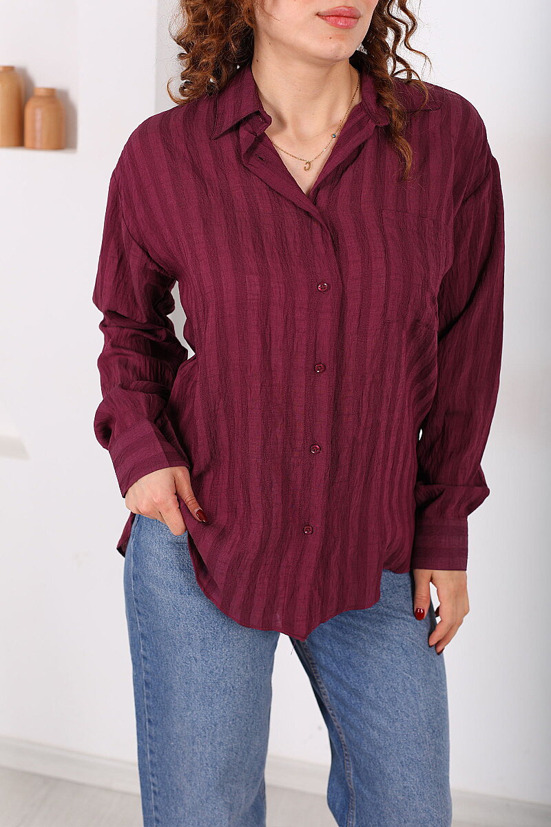 Tek Cepli Kalın Çizgili Kadın Mürdüm Oversize Gömlek - 2