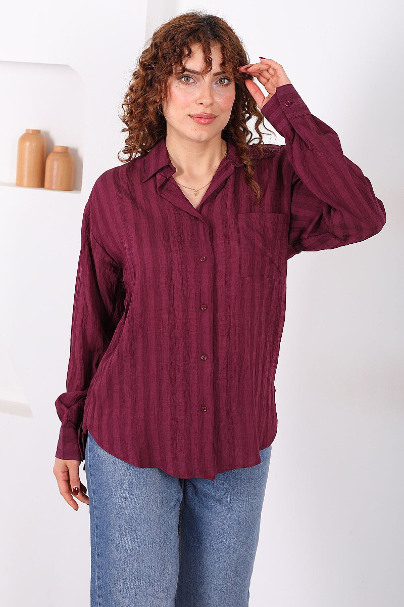 Tek Cepli Kalın Çizgili Kadın Mürdüm Oversize Gömlek - 1