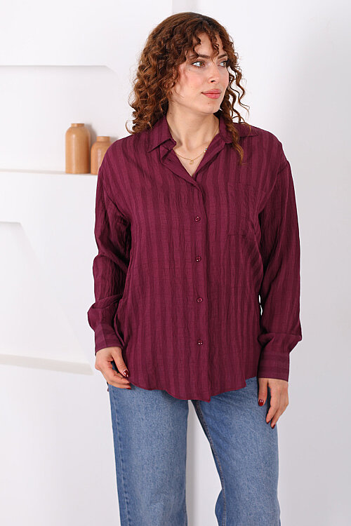 Tek Cepli Kalın Çizgili Kadın Mürdüm Oversize Gömlek - 3