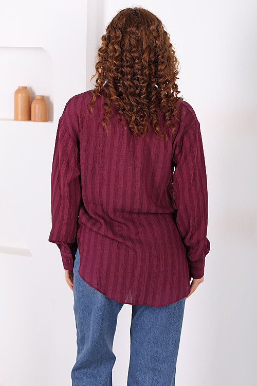 Tek Cepli Kalın Çizgili Kadın Mürdüm Oversize Gömlek - 5