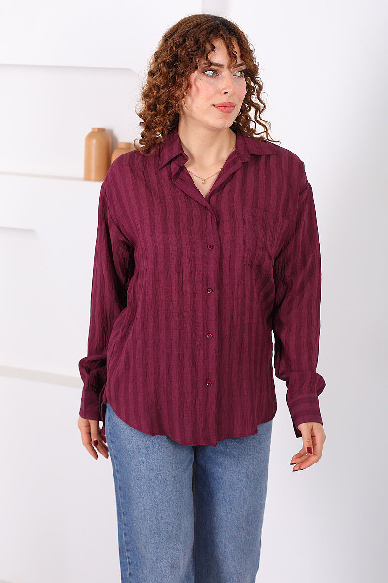 Tek Cepli Kalın Çizgili Kadın Mürdüm Oversize Gömlek - 6