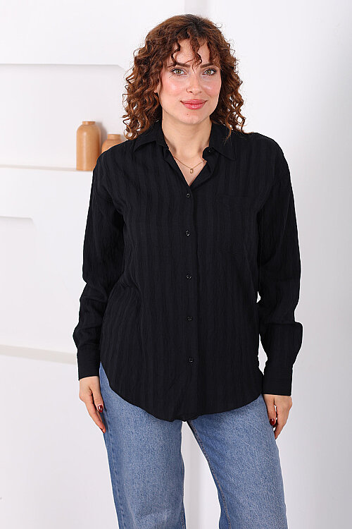 Tek Cepli Kalın Çizgili Kadın Siyah Oversize Gömlek - 4